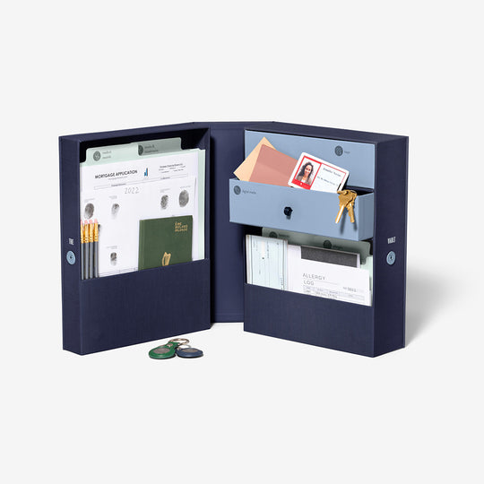 Family Emergency Vault Organizer Box - Blue banner